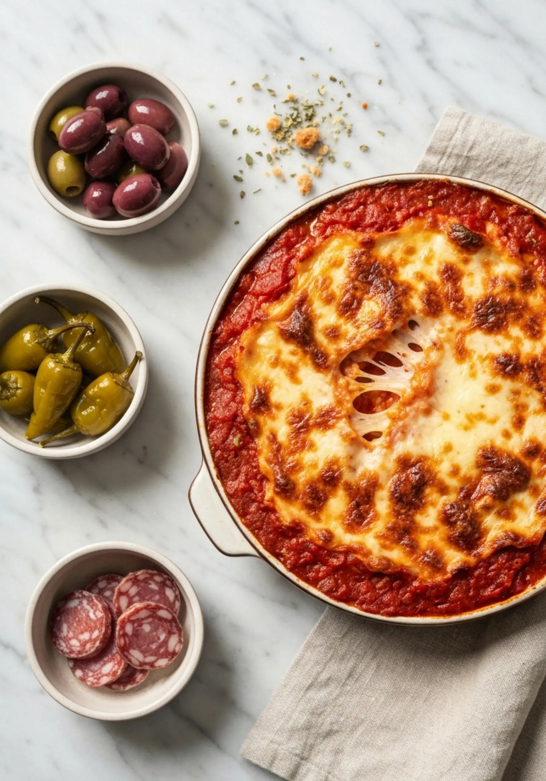 P cheese image of a dish down deep bowls olives by small salami 5 surrounded and shot marinated pulls lasagna browned peppers top with