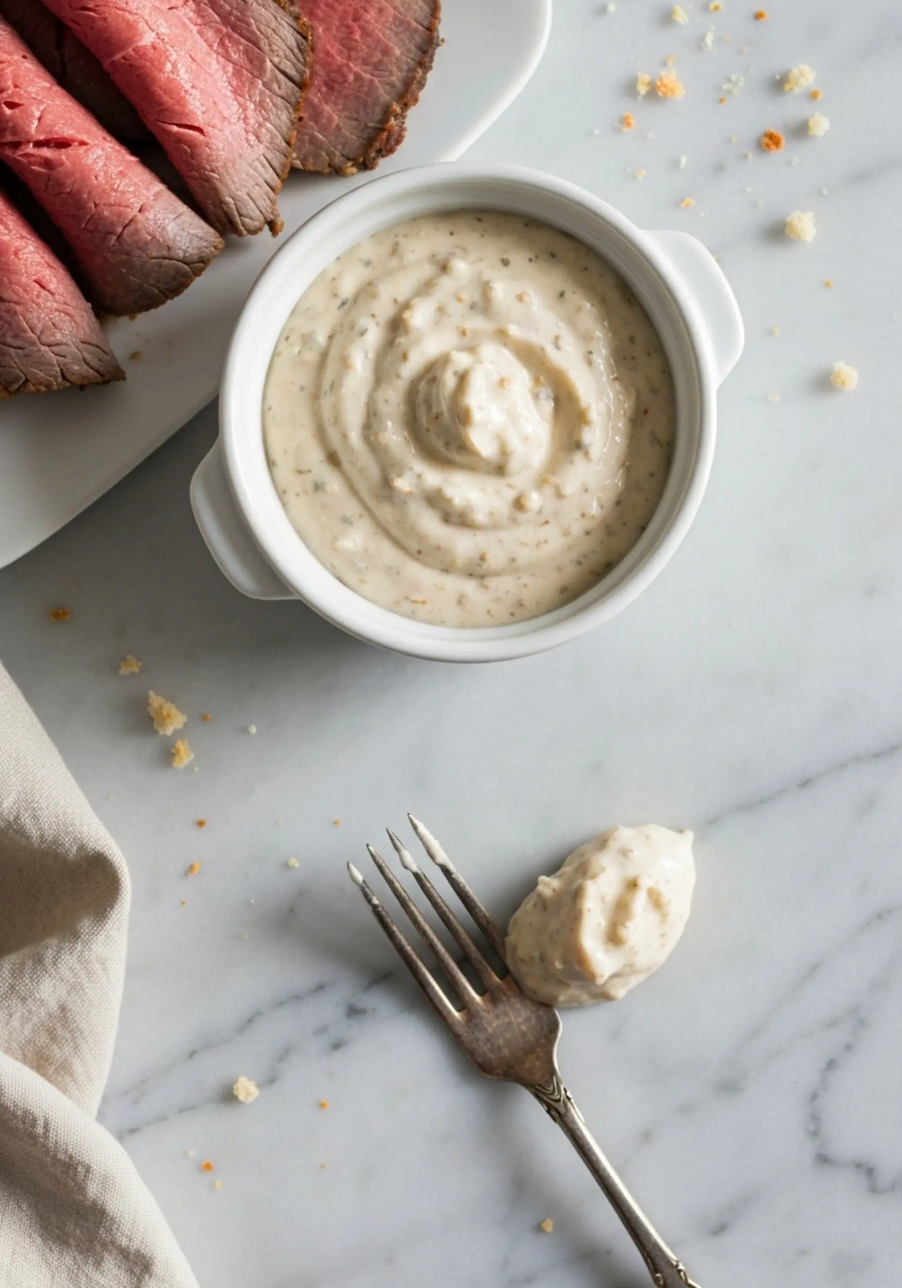 P beef white image of a on bowl next dollop horseradish fork the sauce ceramic 6 to with