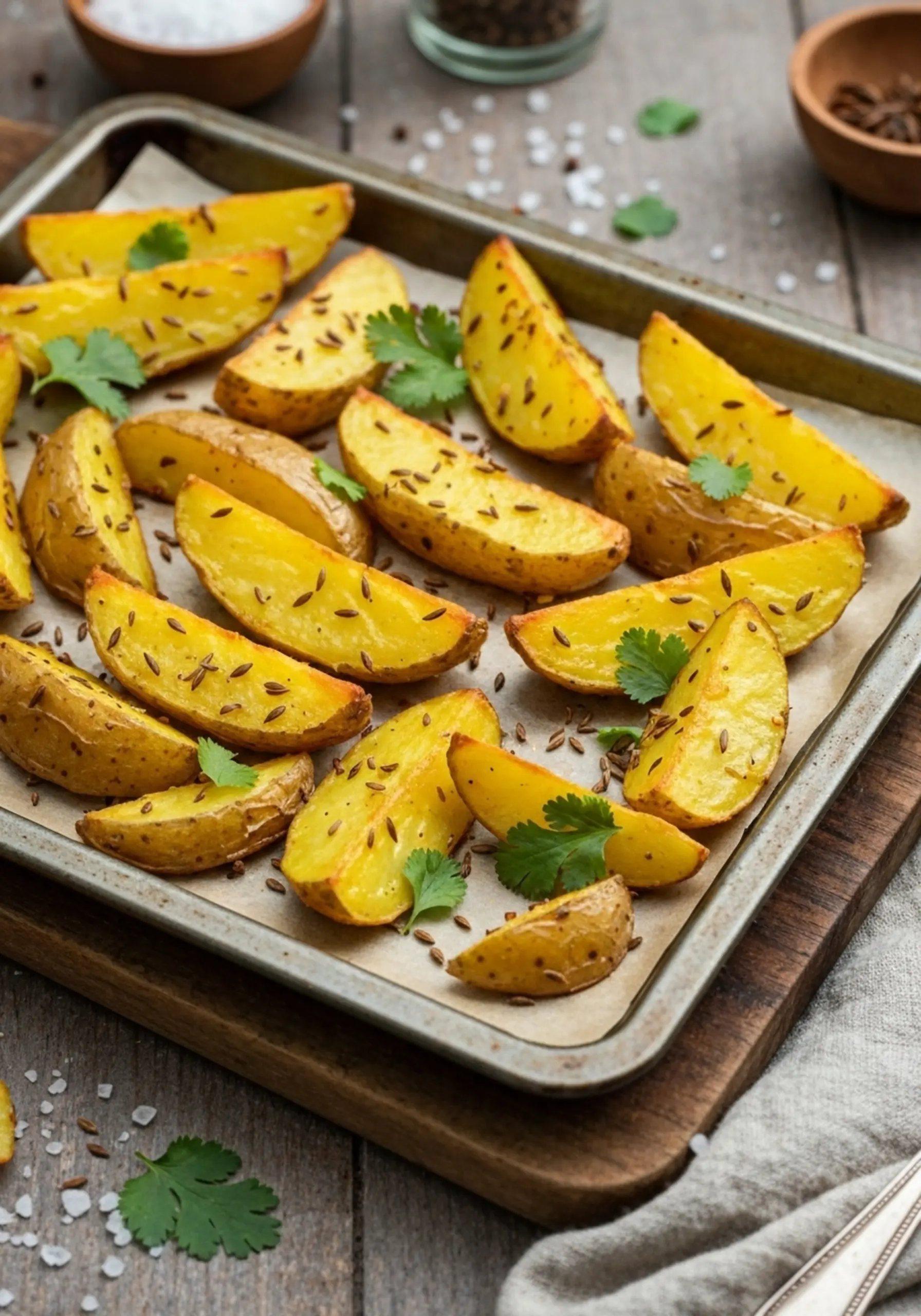 P yellow image of a baking seeds sheet fresh 6 crispy coriander leaves visible and potato gold cumin with wedges