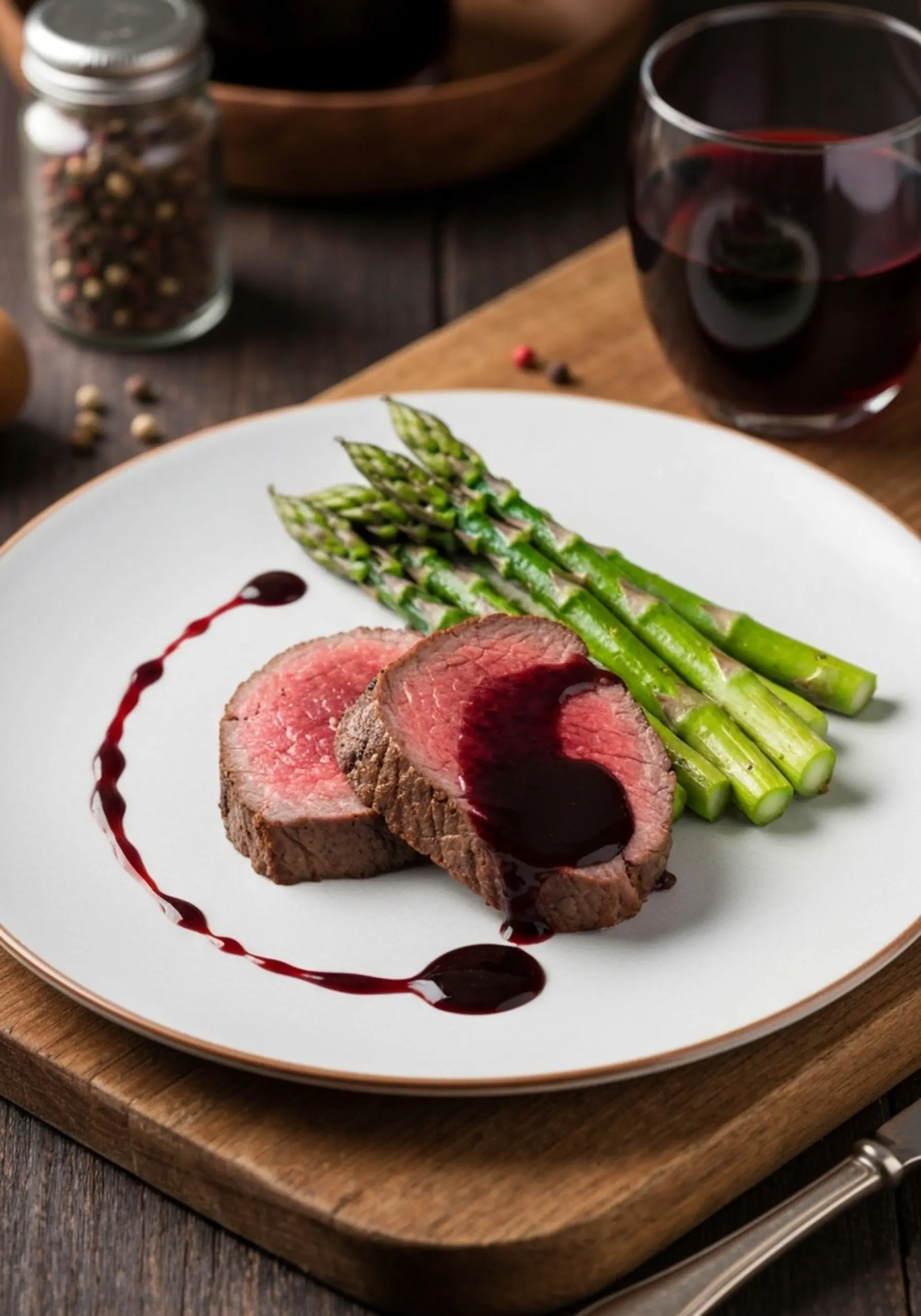 P image of a asparagus wine dark elegant two 7 slices thick drizzle plating and red glaze with