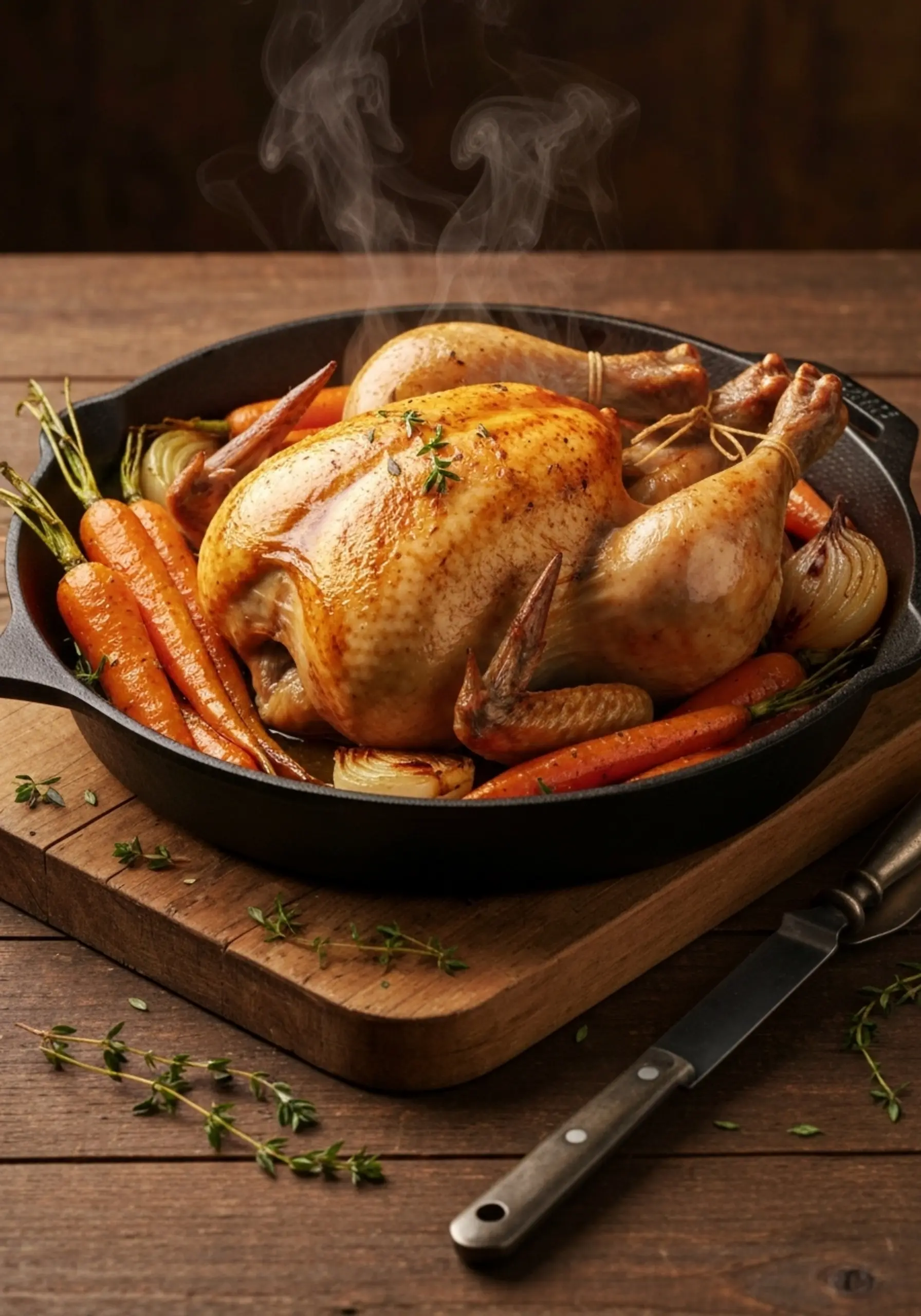 Or sitting p whole onions image chickens a in golden two side by 7 surrounded roasted and pan roast carrots cozy rustic skillet