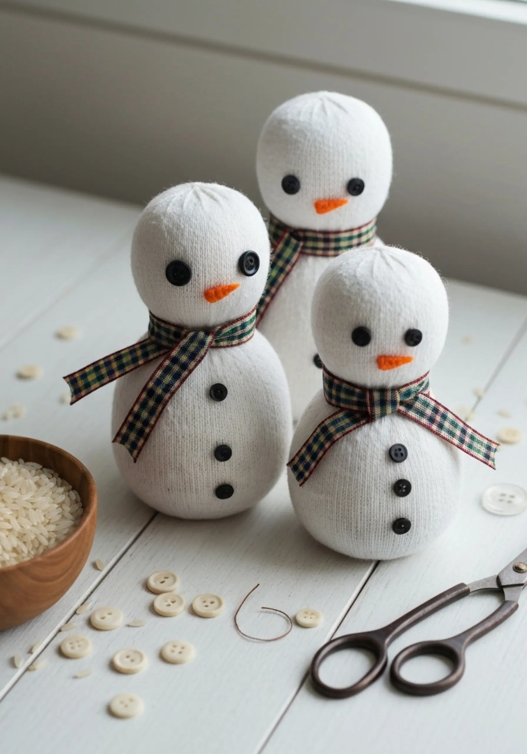 Sock snowmen with plaid scarves