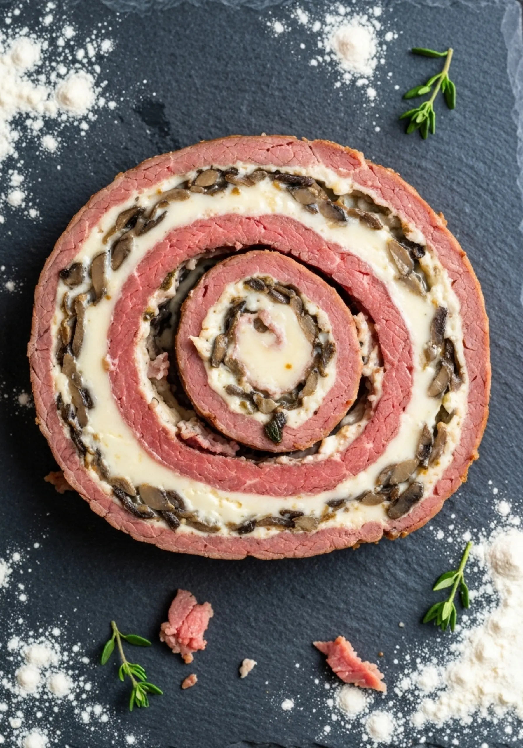 Showing p cheese beef white image of a dark the slice swirl pink spiral 8 melted mushrooms and inside