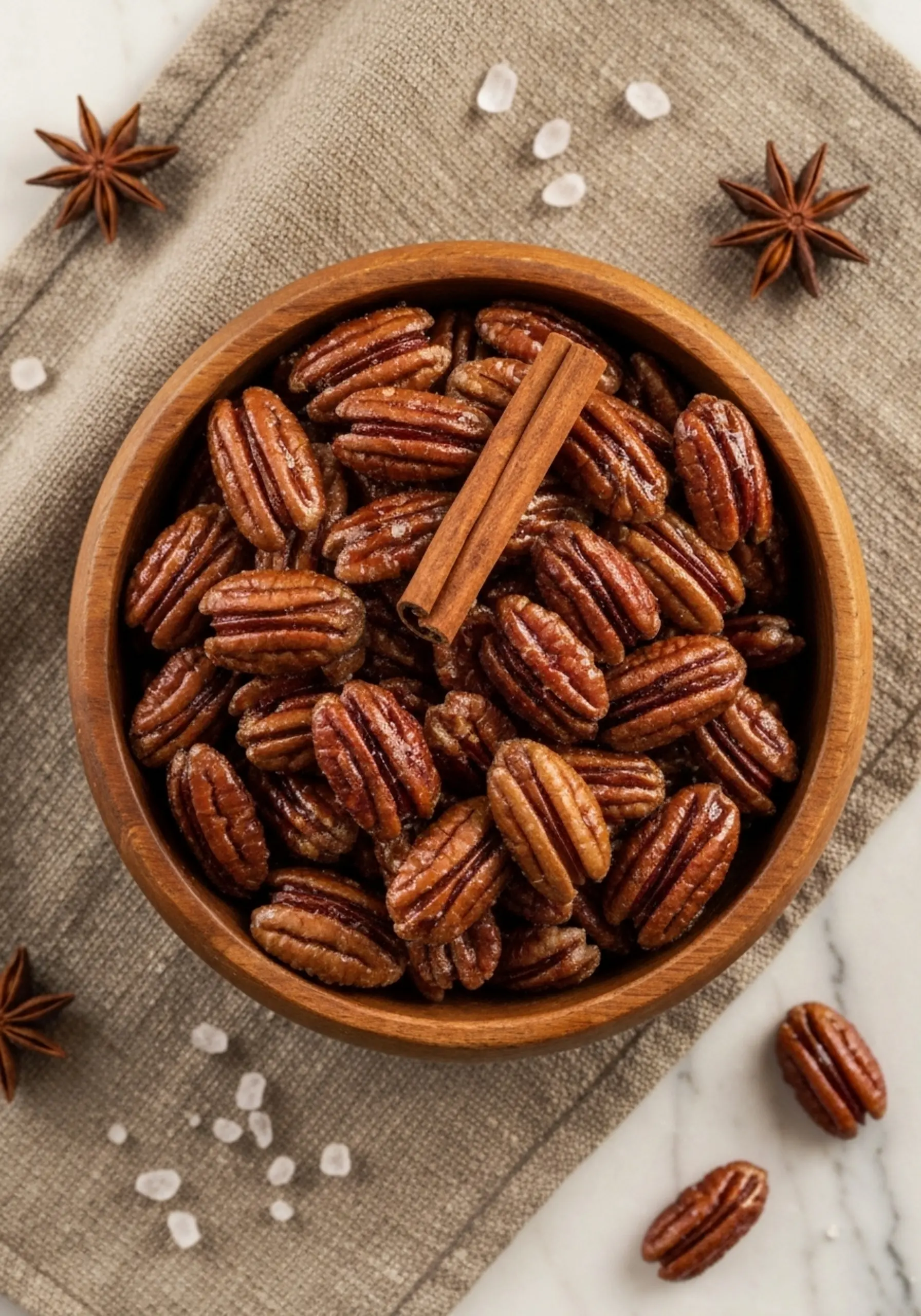 P image a bowl pecans dark the brown stick glazed garnish filled to rustic 9 wooden cinnamon brim with