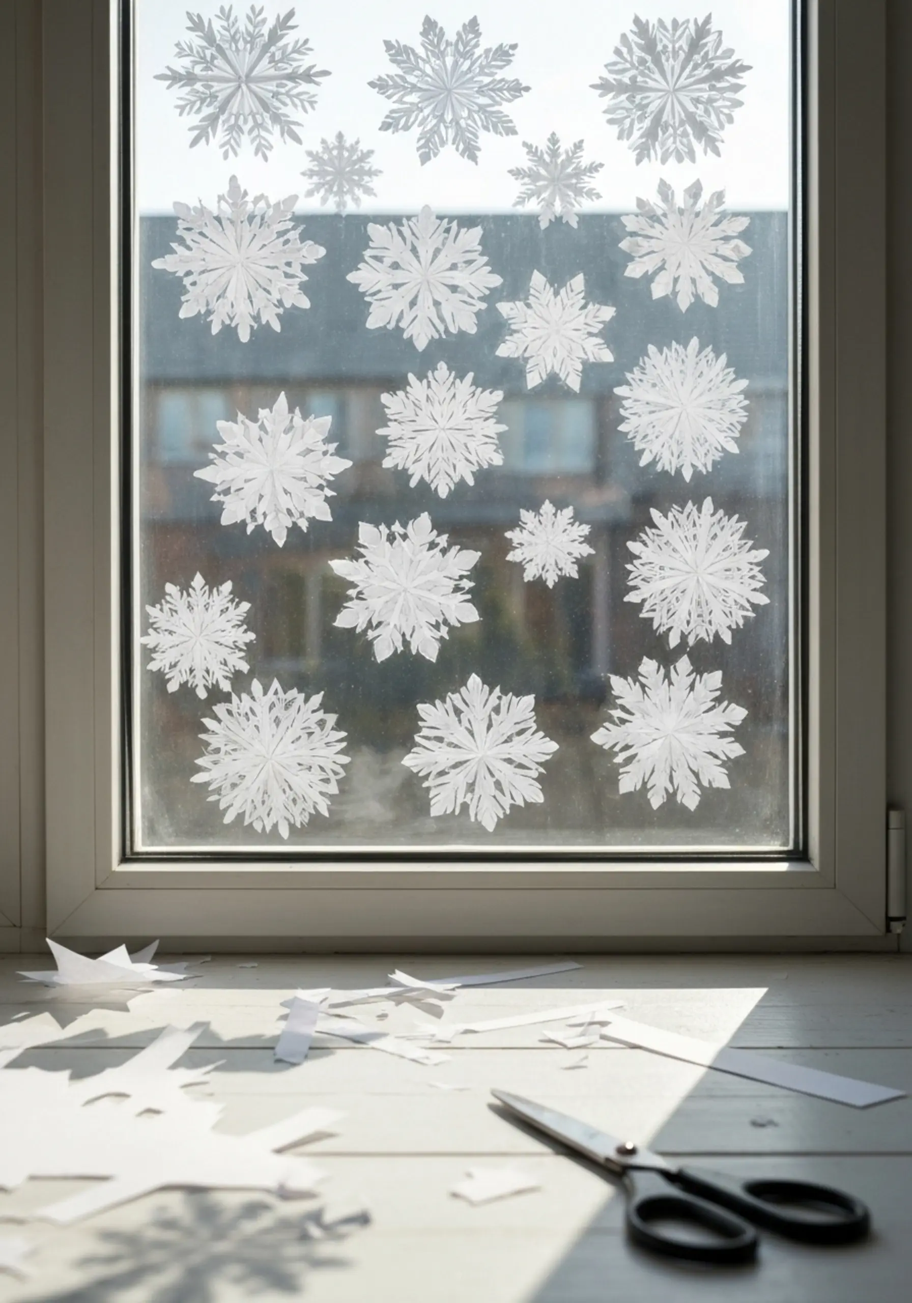 Paper snowflakes on window
