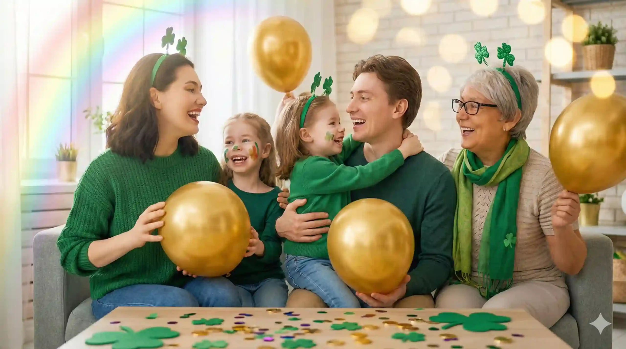 Smiling family celebrating St. Patrick’s Day in green outfits with shamrocks and gold decorations, festive emerald and gold party theme
