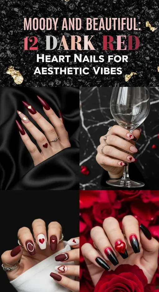 Moody and Beautiful: 12 Dark Red Heart Nails for Aesthetic Vibes