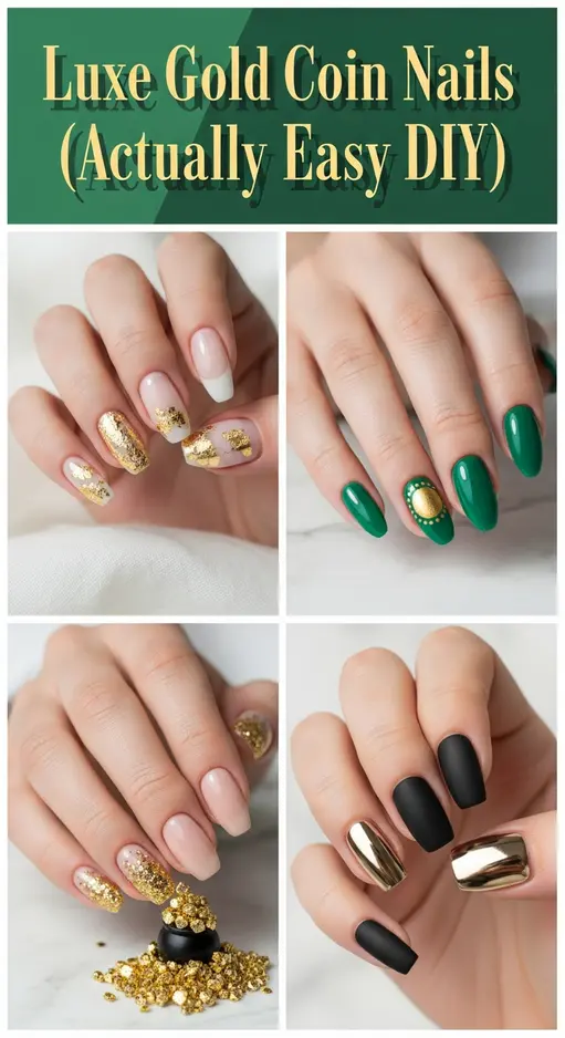 12 Gold Coin Nails Looking Like a Pot of Gold at Fingertips