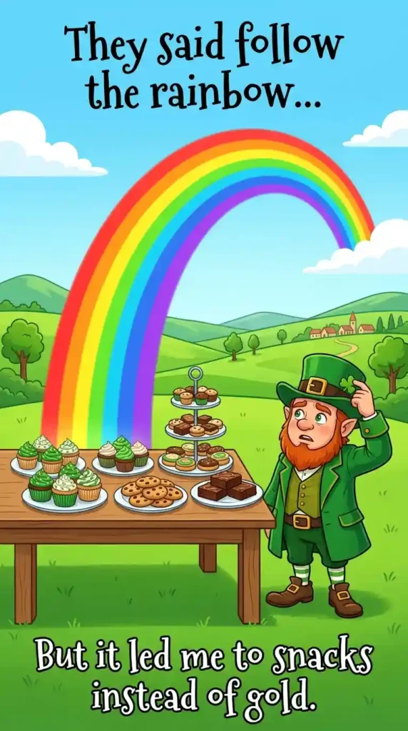 KaveeshMommy St. Patrick's Day meme -“Follow the rainbow… it leads to snacks.”