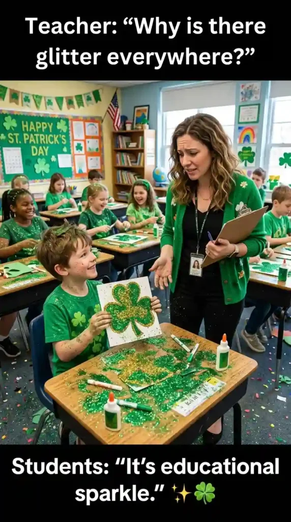 KaveeshMommy St. Patrick's Day meme -When your child comes home covered in glitter shamrocks.