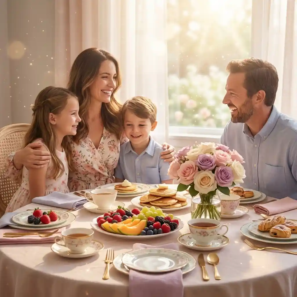 Beautiful Mother's Day Brunch Ideas with family breakfast table