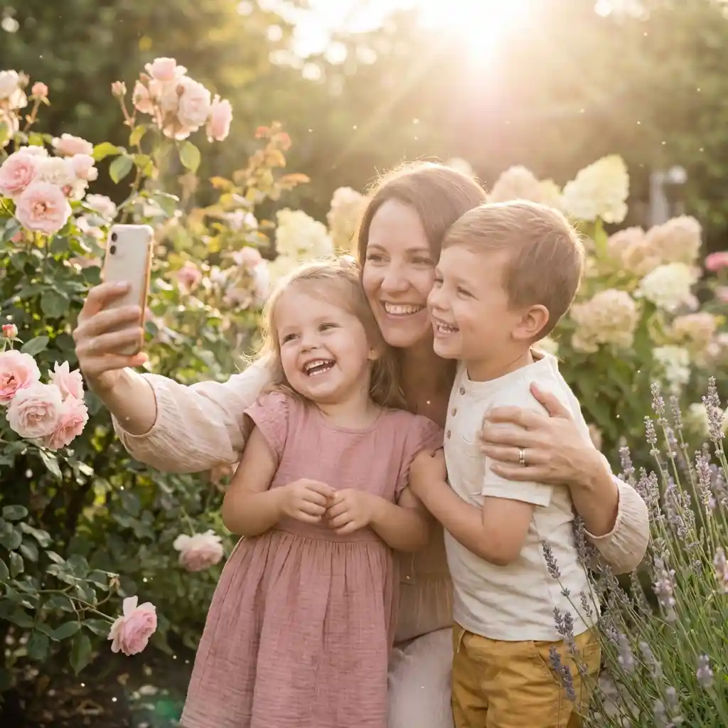 Cute Mother's Day Captions moment with mom and kids selfie