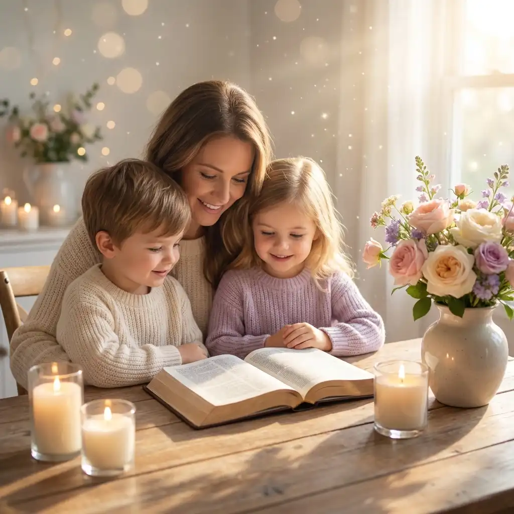 Mother's Day Bible Verses with mom and children reading scripture