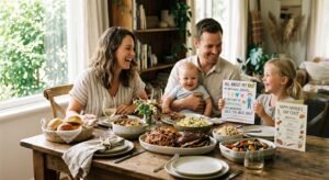 A family celebrates Father's Day with a large meal. A young girl holds a card that says "All About My Dad