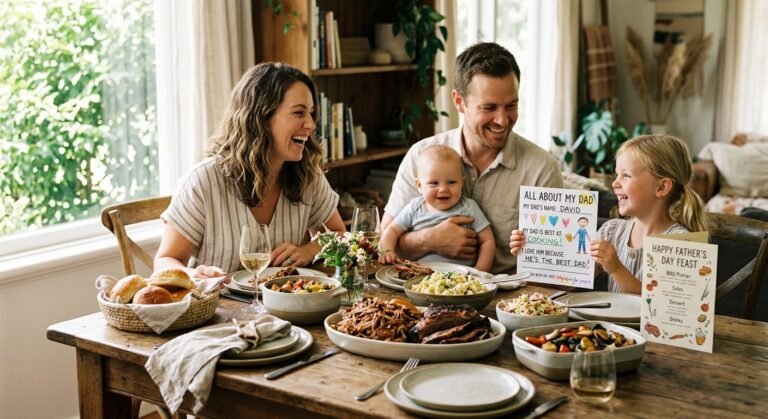 A family celebrates Father's Day with a large meal. A young girl holds a card that says "All About My Dad