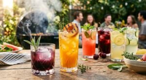 A variety of colorful cocktails with fruit and herb garnishes on a wooden table at an outdoor gathering
