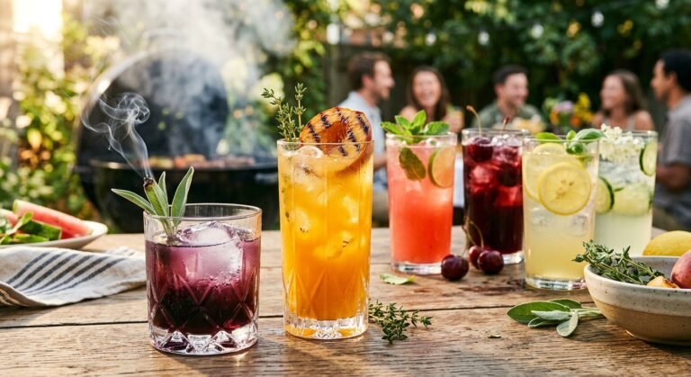 7 Fruity Non-Alcoholic Father's Day Drinks For the Whole Family 8 A variety of colorful cocktails with fruit and herb garnishes on a wooden table at an outdoor gathering