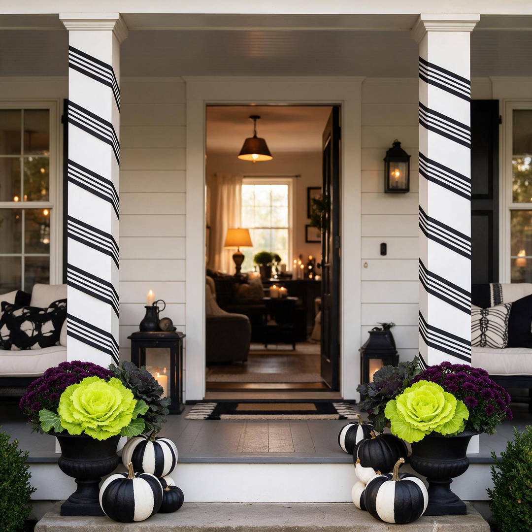 25+ Spooky Beetlejuice Halloween Decorations (Sandworm DIYs!) 2 Architectural front porch pillars wrapped in bold vertical black-and-white stripes flanked by neon lime green potted mums and heirloom pumpkins