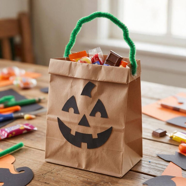 Brown Kraft Paper Jack-O'-Lantern Bag - Sturdy brown lunch bag decorated with black cardstock pumpkin face and green pipe cleaner handle