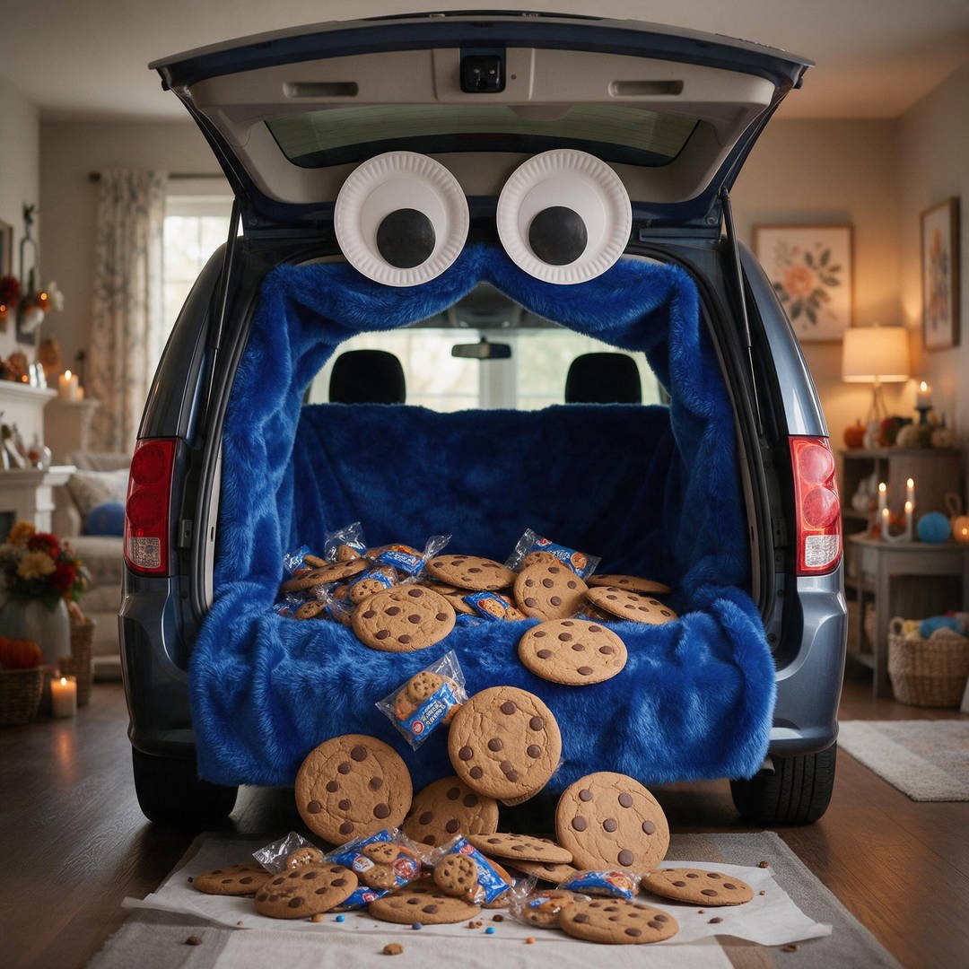 30+ Easy Car Halloween Decorations (Trunk or Treat Ideas!) 2 An open minivan trunk decorated with royal blue faux fur fabric giant googly eyes and giant cardboard chocolate chip cookies