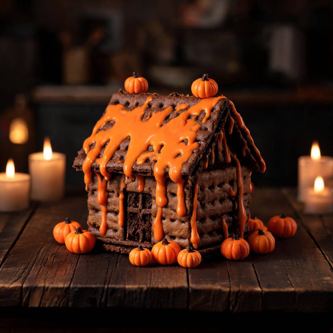 Spooky Chocolate Graham Cracker House - Dark chocolate graham cracker haunted cottage with orange royal icing and candy pumpkins