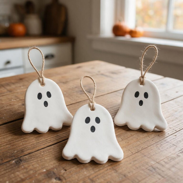Classic Air-Dry Clay Cookie-Cutter Ghosts - Flat white clay ghost cutouts with painted black minimalist faces and twine hanging loop on rustic wooden surface