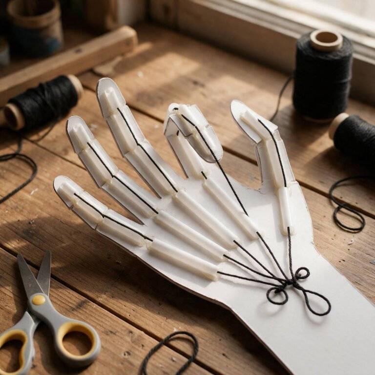 Classic Cardstock & Straw Articulated Skeleton Hand - White cardstock hand cutout with segmented drinking straw bones and black yarn pull strings on a wooden desk