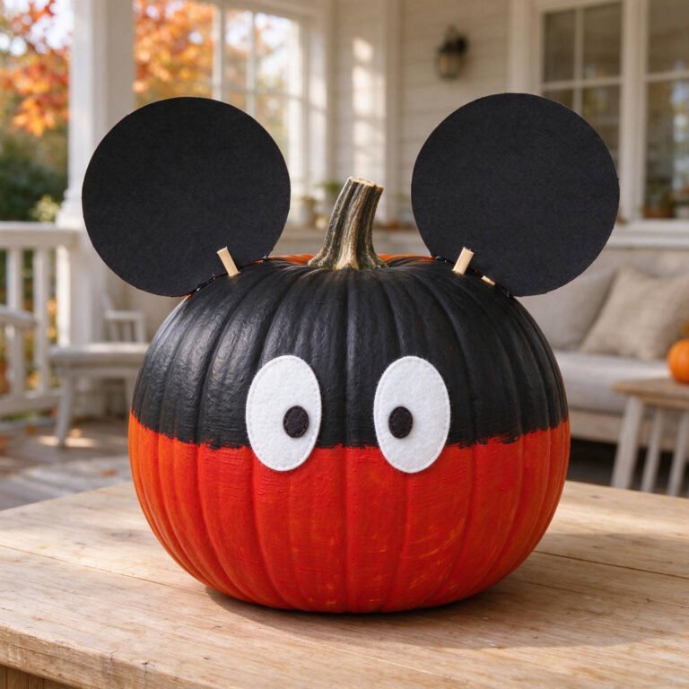 10 Easy Disney Pumpkin Painting Ideas for Kids & Families 16 Classic Mickey Mouse Painted Pumpkin - Round pumpkin painted half black and half red with two white oval felt buttons and upright black felt ears on a farmhouse porch