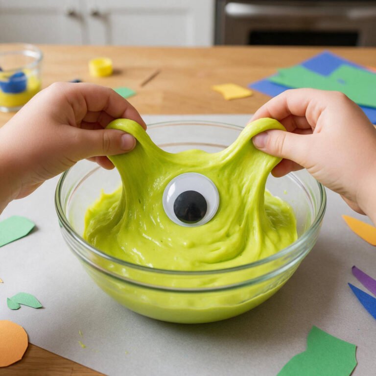 Cyclops Eye Monster Slime - Vibrant lime-green stretchy monster slime featuring a single giant googly eye centered in a clear shallow bowl