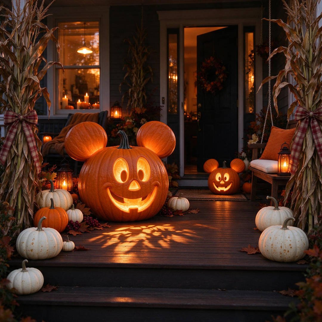 25+ Magical Disney Halloween Outdoor Decorations (Mickey Pumpkins & Haunted Mansion Ideas!) 2 Illuminated Mickey Mouse pumpkin jack-o-lanterns with round ear toppers on a rustic front porch