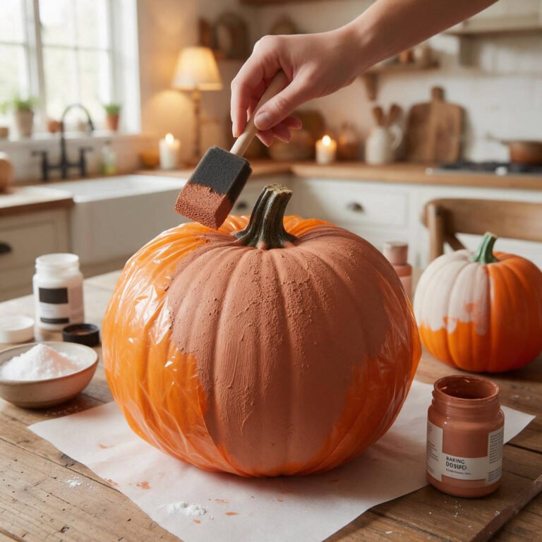 How to Transform 5 Common Dollar Store Items into Amazing Halloween Decor 28 Step 1: Applying a textured mixture of matte terracotta acrylic paint and baking soda with a foam brush onto a cheap plastic dollar store pumpkin