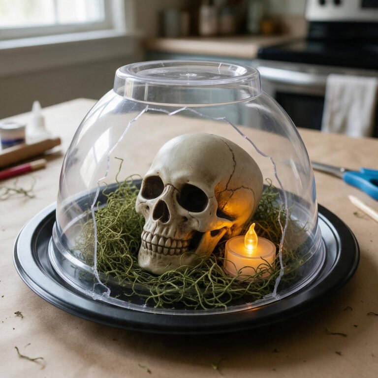 Dollar Tree Plastic Skull Cloche Dome - Clear plastic bell dome covering an antiqued skull on Spanish moss with glowing LED tea light