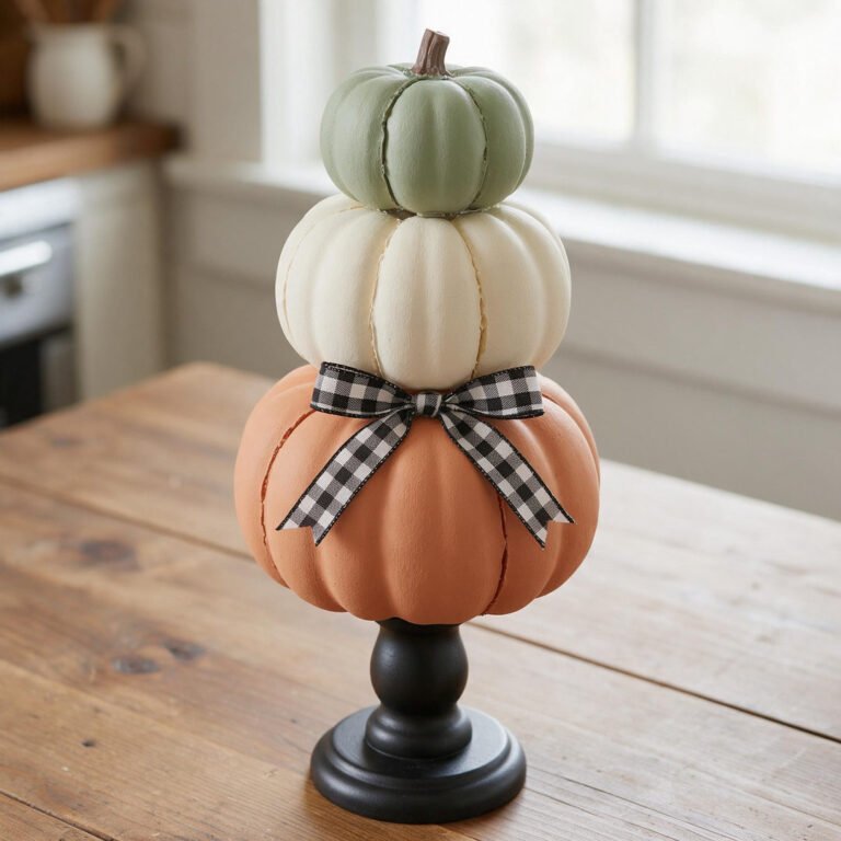 Dollar Tree Stacked Pumpkin Topiary - Three painted foam pumpkins stacked vertically on a black wooden candlestick with buffalo plaid ribbon