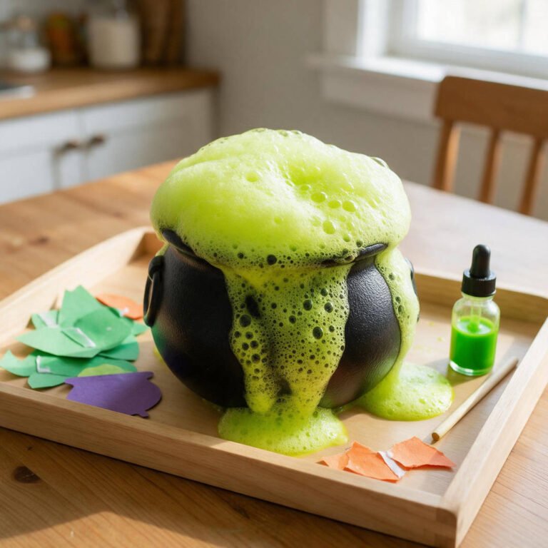 Fizzy Witch's Brew Cauldron - Small black cauldron overflowing with bright neon green fizzy bubbles and foaming foam on a wooden kitchen tray