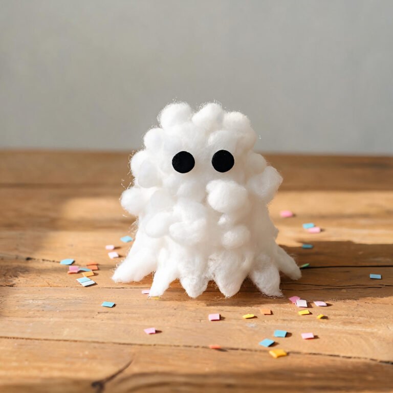 Fluffy Cotton Ball Ghost - Fluffy white cotton balls glued on black paper ghost cutout for toddlers