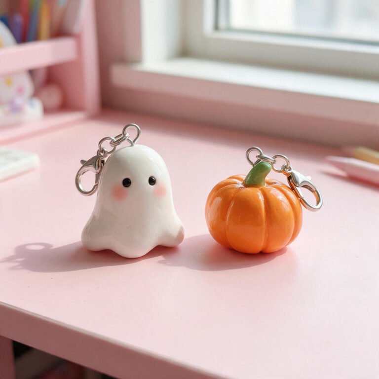10 Cute Halloween Crafts to Make for Friends (Boo Gifts!) 1 Pair of handmade white ghost and orange pumpkin air-dry clay keychain charms with silver swivel lobster clasps on a pastel desk.
