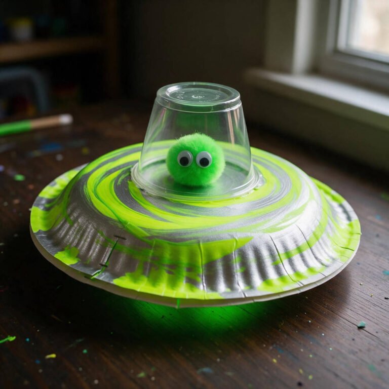 Glow in the Dark Paper Plate Flying Saucer - Two painted white paper plates stapled together glowing in lime green with a clear dome cup alien cockpit on a craft table