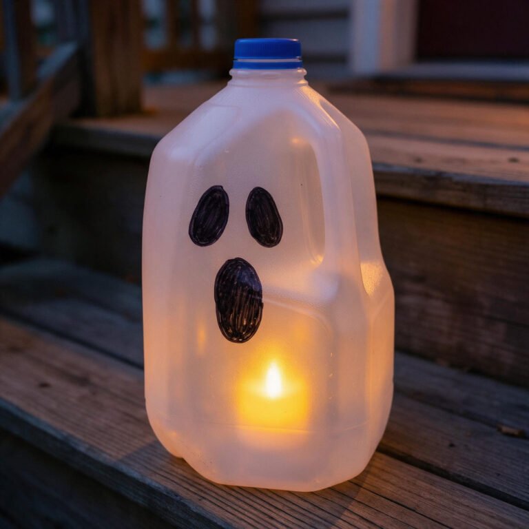 Glowing Milk Jug Ghost Lanterns - Recycled plastic gallon milk jug ghost lantern with black marker face and warm tea light