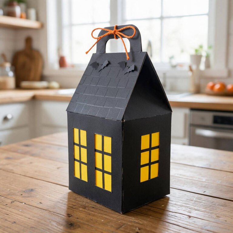 Haunted House Gable Treat Box - Black cardstock gable box decorated with bright yellow glowing windows and bat cutouts