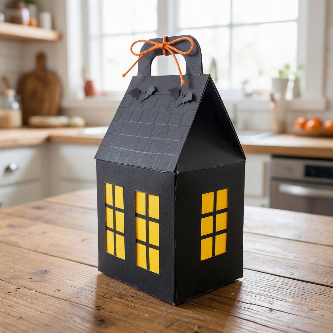 Haunted House Gable Treat Box - Black cardstock gable box decorated with bright yellow glowing windows and bat cutouts