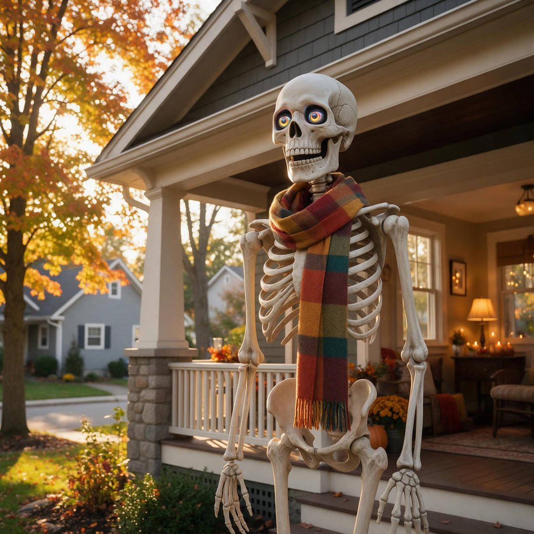 25+ Best Home Depot Halloween Decorations for 2026 (Viral Animatronics & Porch Decor!) 2 The famous 12-foot giant skeleton Skelly displayed on a sunny suburban front lawn with fall foliage