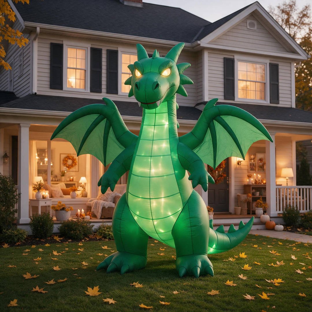 A towering 12-foot giant inflatable green dragon with glowing LED eyes and wings standing proudly on a manicured autumn lawn