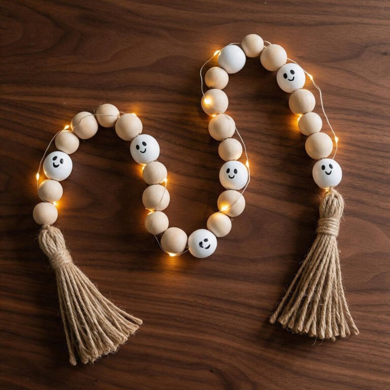 Light-Up Wooden Ghost Bead Garlands - Farmhouse wooden bead garland with painted ghost beads, warm micro fairy lights, and jute tassels