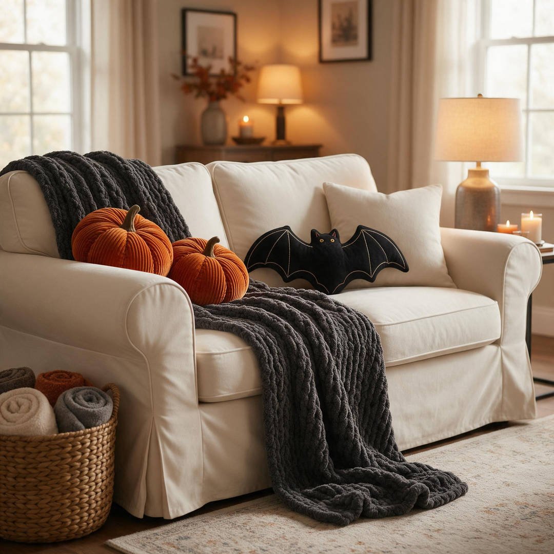 A cozy neutral living room sofa styled with chunky knit charcoal blankets, velvet pumpkins, and bat accent pillows