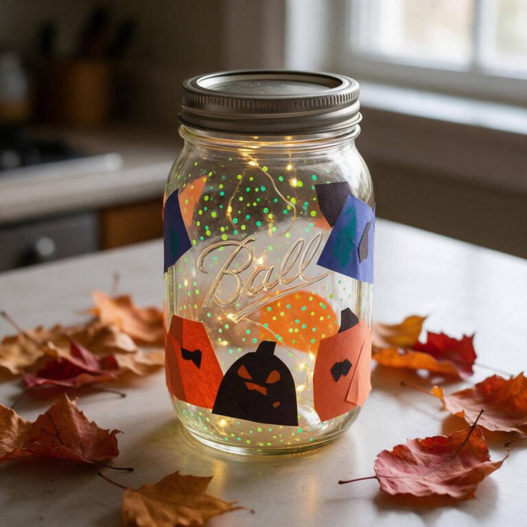 10 Magical Glow in the Dark Halloween Ideas for Kids to Make 13 Luminescent Fairy Glow Jars - Glass mason jar glowing with tiny constellation specks of phosphorescent green paint and fairy lights on an evening porch