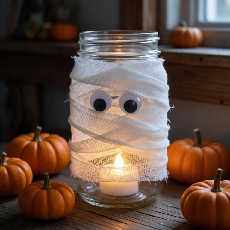 10 Fun DIY Halloween Decorations for Kids to Make (Spooky!) 11 Glass mason jar wrapped in white gauze bandages with two googly eyes peeking out glowing warmly with an LED tea light inside.