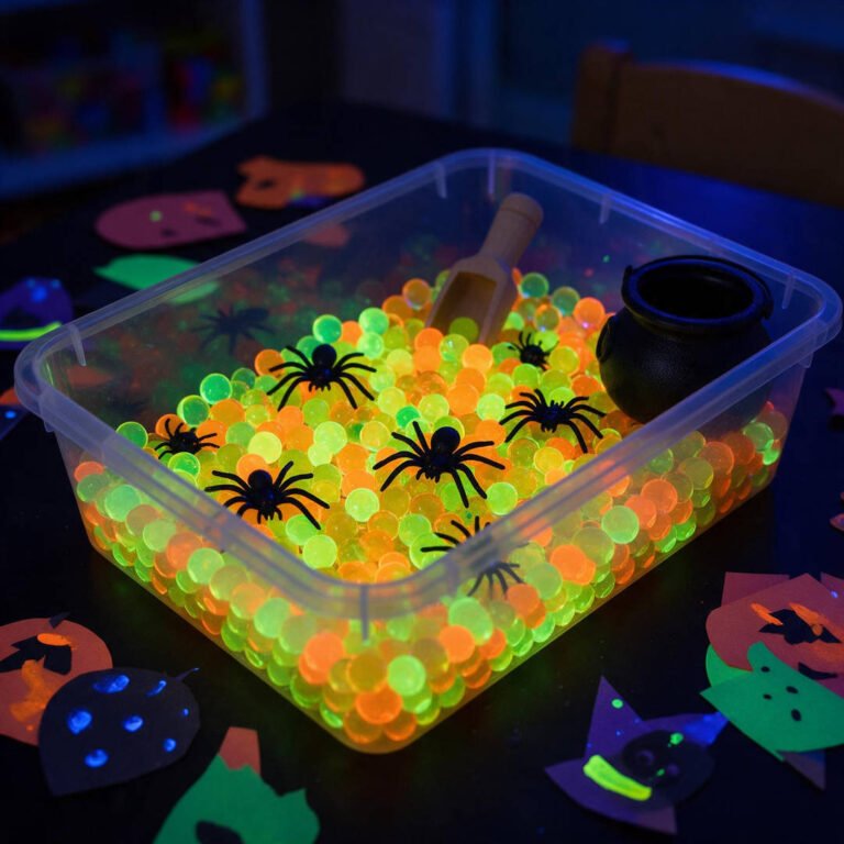 10 Glow-in-the-Dark Sensory Bin Ideas for Halloween Play 14 Neon Fluorescent Water Bead Cauldron Bin - Clear plastic sensory bin filled with glowing neon green and orange water beads with floating black plastic spiders under blacklight