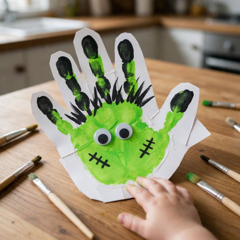 10 Cute Monster Handprint Halloween Crafts for Kids 16 Neon Green Frankenstein Handprint Monster - Vibrant green stamped toddler handprint on white cardstock with black painted hair spikes, googly eyes, and marker stitches