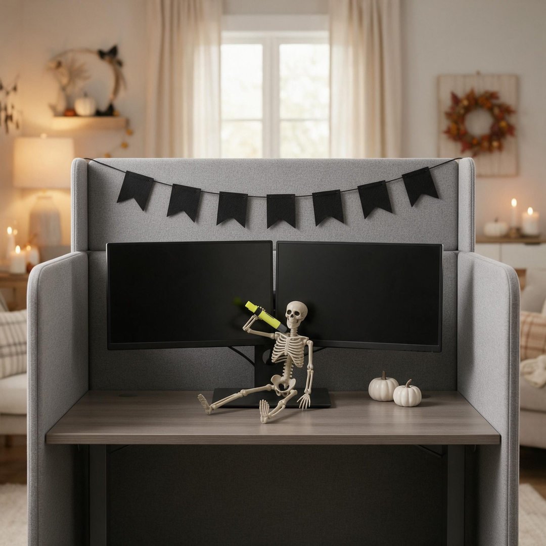 A tidy, professional corporate office cubicle tastefully styled for Halloween with desktop pumpkins and a mini skeleton