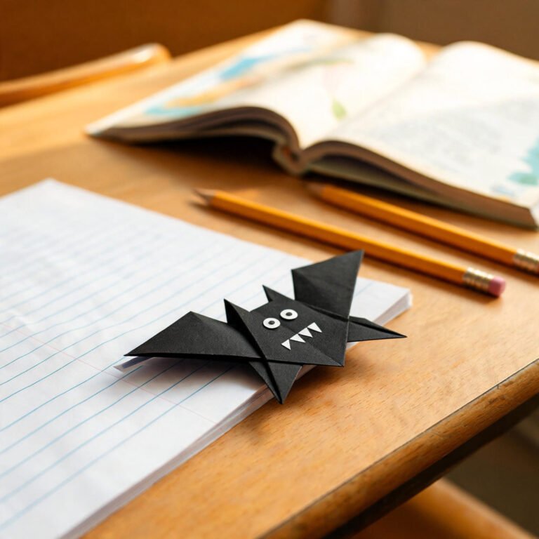 Origami Bat Corner Bookmark - Folded black origami paper bat bookmark on an elementary school notebook